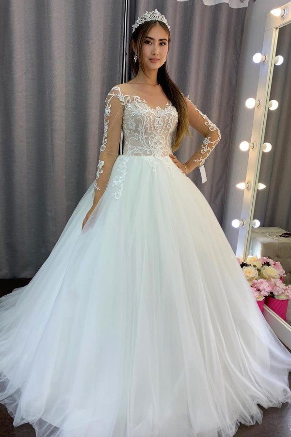 Gorgeous Long A-line Tulle Lace Wedding Dress with Sleeves-BIZTUNNEL