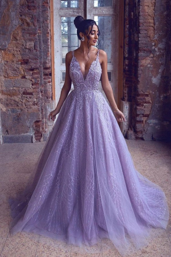 Gorgeous Long A-Line Tulle V-neck Appliques Lace Backless Prom Dress-BIZTUNNEL