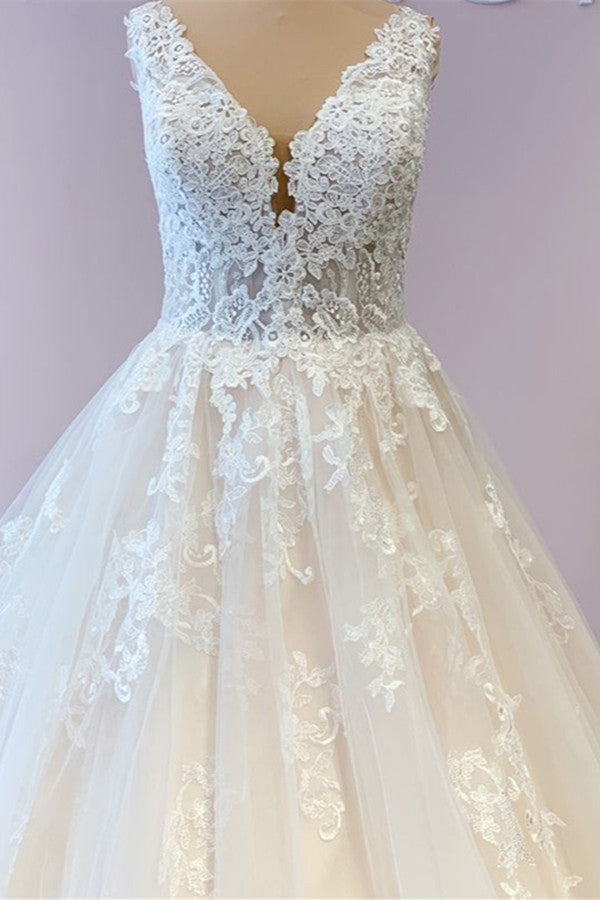 Gorgeous Long A-Line Tulle Wedding Dress With Appliques Lace-BIZTUNNEL