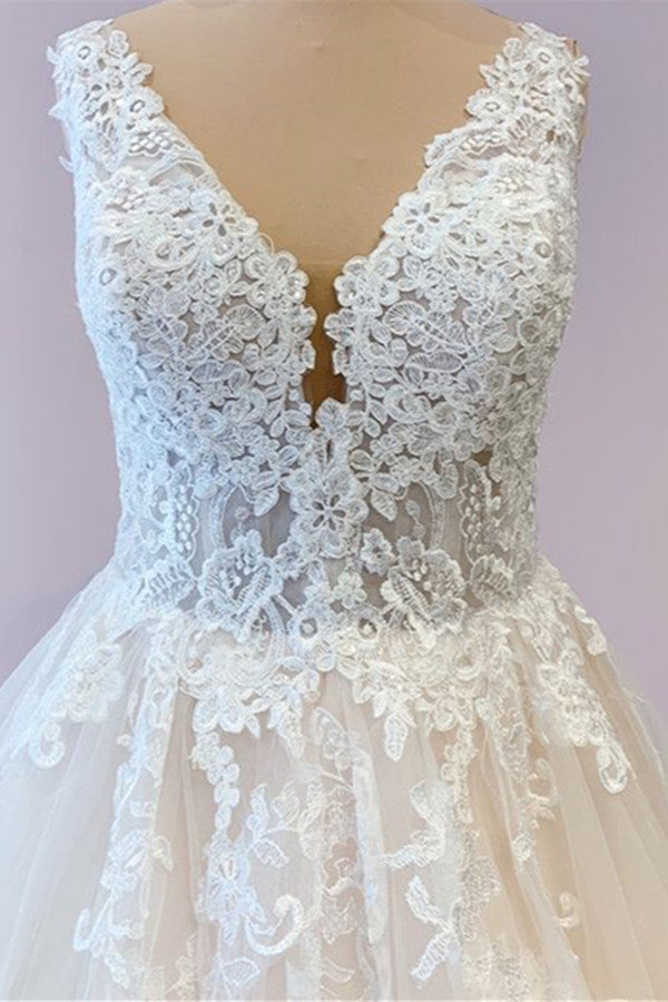 Gorgeous Long A-Line Tulle Wedding Dress With Appliques Lace – BIZTUNNEL