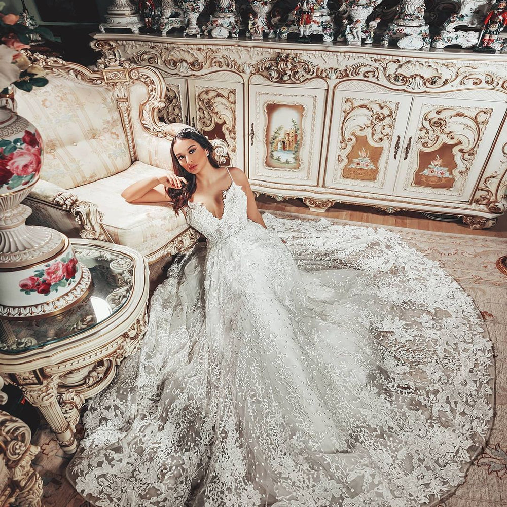 Gorgeous Long A-Line V-Neck 3D Floral Lace Wedding Dress Gorgeous Long A-Line V-Neck 3D Floral Lace Wedding Dress