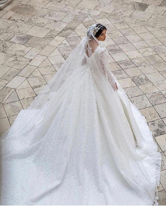Gorgeous Long A-Line V-neck Appliques Lace Wedding Dress with Sleeves-BIZTUNNEL