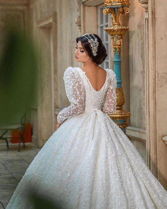 Gorgeous Long A-Line V-neck Appliques Lace Wedding Dress with Sleeves-BIZTUNNEL
