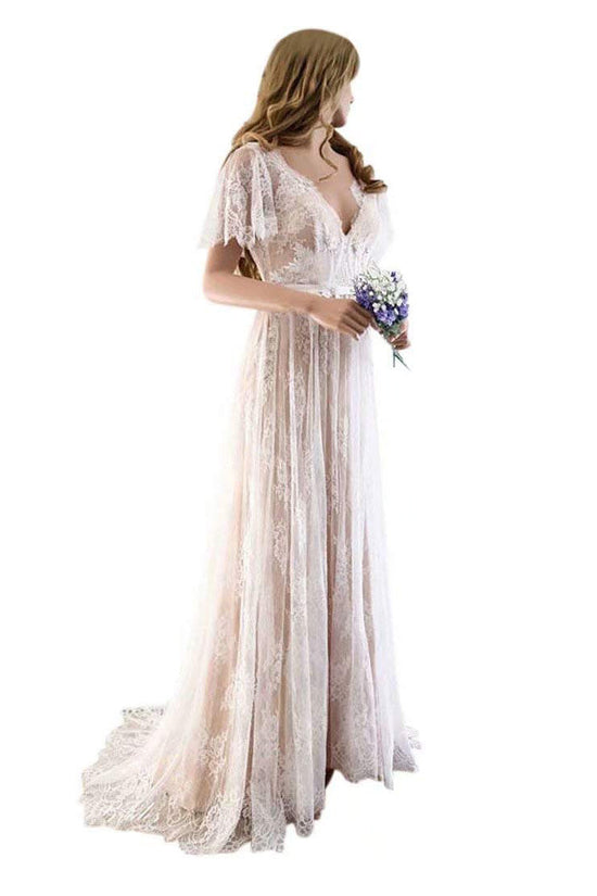 Gorgeous Long A-line V-Neck Lace Wedding Dresses with Cap Sleeves-BIZTUNNEL