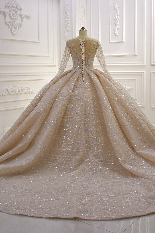 Gorgeous Long Ball Gown Bateau Crystal Wedding Dress with Sleeves-BIZTUNNEL