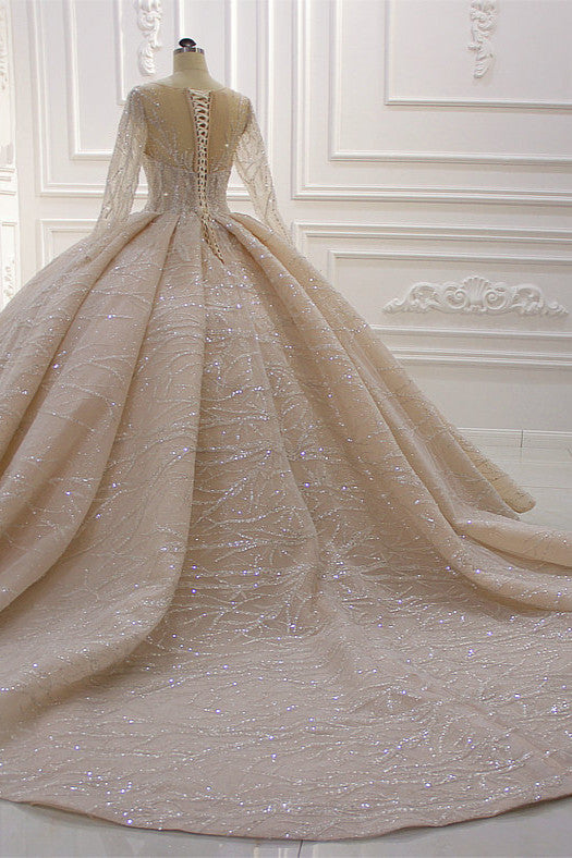 Gorgeous Long Ball Gown Bateau Crystal Wedding Dress with Sleeves-BIZTUNNEL
