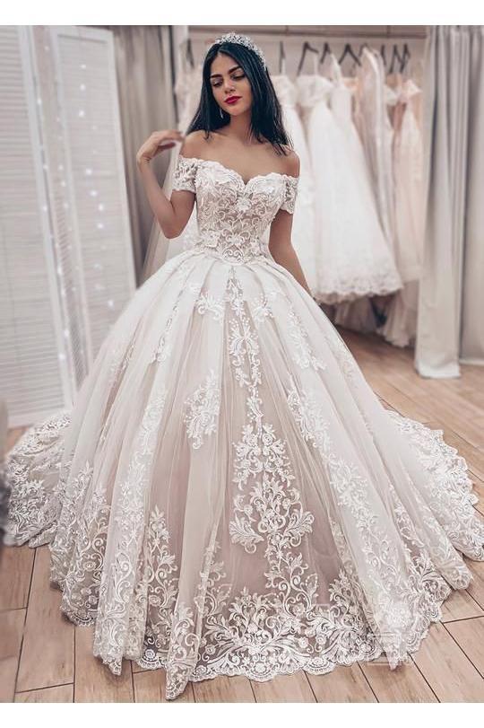 Gorgeous Long Ball Gown Off the Shoulder Lace Appliques Wedding Dress-BIZTUNNEL