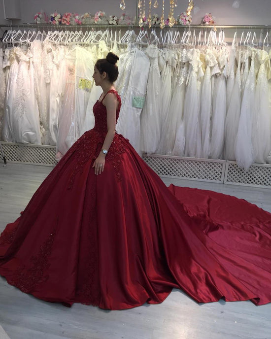 Gorgeous Long Ball Gown Sweetheart Appliques Lace Satin Prom Dress-BIZTUNNEL