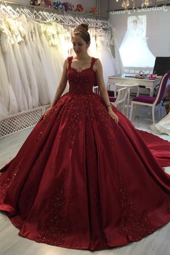 Gorgeous Long Ball Gown Sweetheart Appliques Lace Satin Prom Dress-BIZTUNNEL