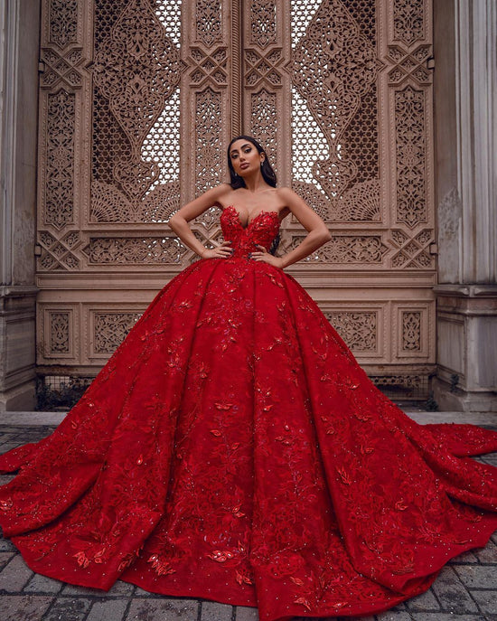 Gorgeous Long Ball Gown Sweetheart Satin Lace Red Prom Dress-BIZTUNNEL