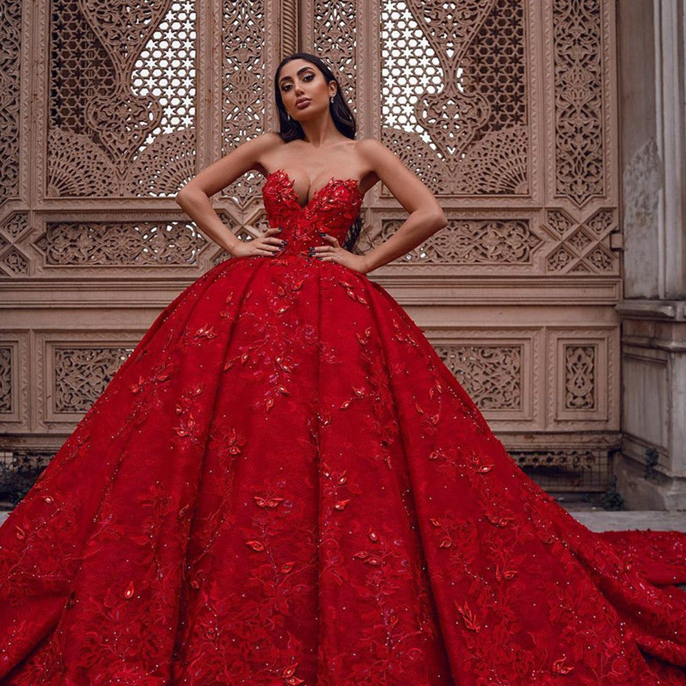 Gorgeous Long Ball Gown Sweetheart Satin Lace Red Prom Dress Gorgeous Long Ball Gown Sweetheart Satin Lace Red Prom Dress