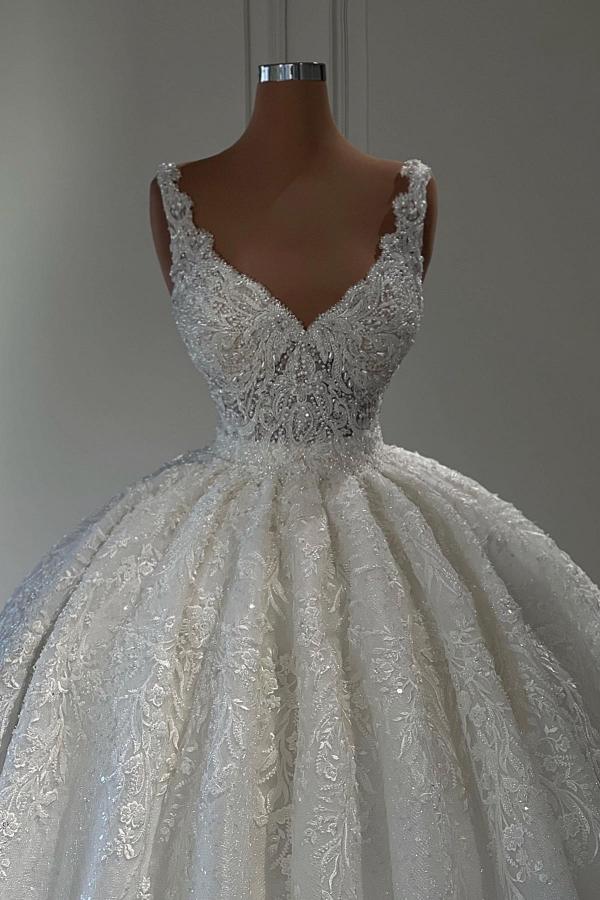 Gorgeous Long Ball Gown Sweetheart Sleeveless Lace Wedding Dress with Ruffles-BIZTUNNEL