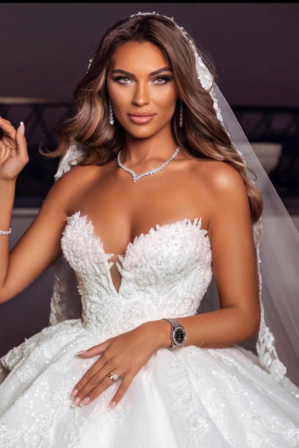 Carregar imagem no visualizador da galeria, Gorgeous Long Ball Gown Sweetheart Tulle Wedding Dresses with Appliques Lace-BIZTUNNEL

