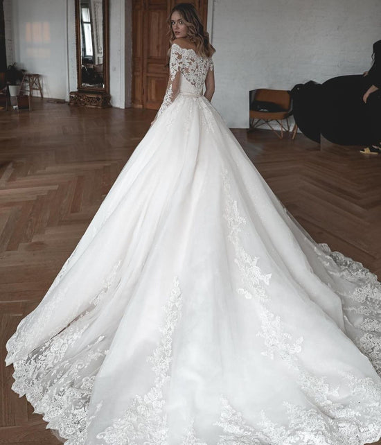 Gorgeous Long Ball Gowns Lace Tulle Wedding Dresses with Sleeves-BIZTUNNEL