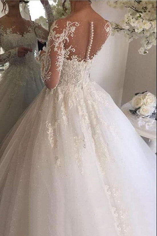 Carregar imagem no visualizador da galeria, Gorgeous Long Ivory A-line Tulle Lace Wedding Dresses with Sleeves-BIZTUNNEL
