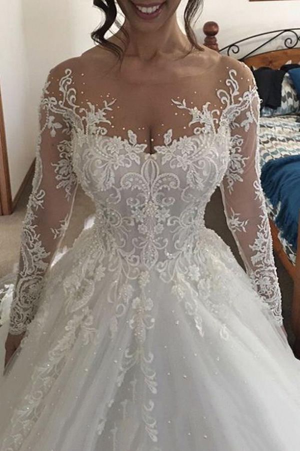 Carregar imagem no visualizador da galeria, Gorgeous Long Ivory A-line Tulle Lace Wedding Dresses with Sleeves-BIZTUNNEL
