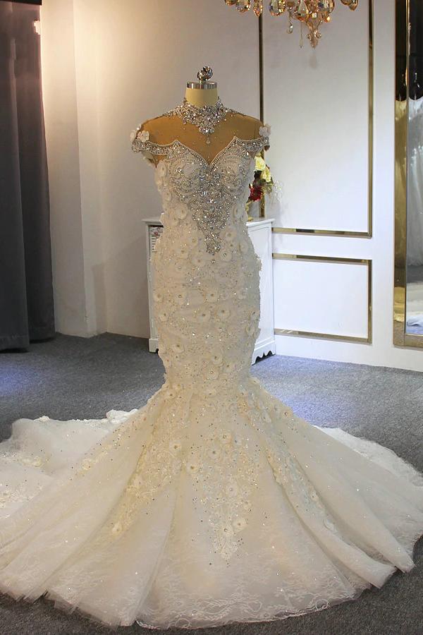 Gorgeous Long Mermaid High Neck Appliques Lace Crystal Tulle Wedding Dress-BIZTUNNEL