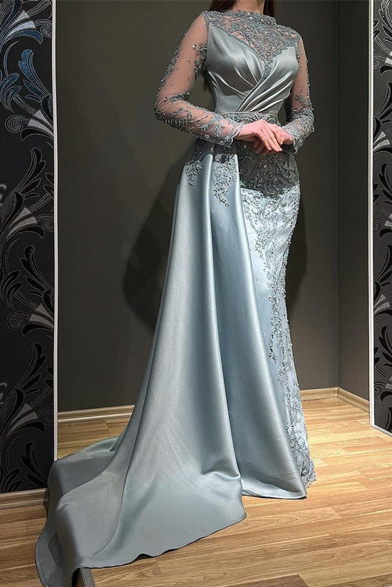 Gorgeous Long Mermaid Jewel Satin Appliques Lace Prom Dress with Sleeves-BIZTUNNEL