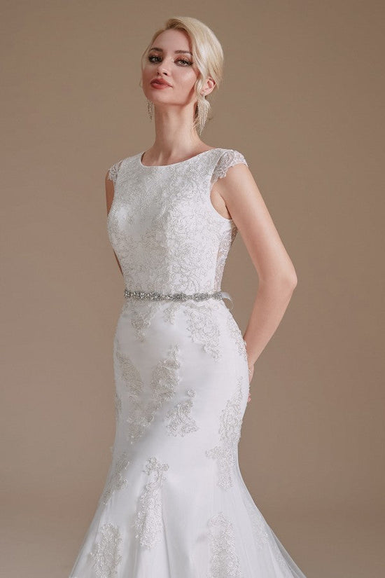 Gorgeous Long Mermaid Jewel Tulle Lace Wedding Dress-BIZTUNNEL