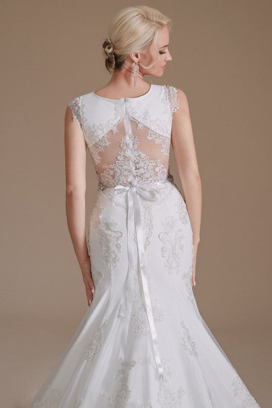 Gorgeous Long Mermaid Jewel Tulle Lace Wedding Dress-BIZTUNNEL