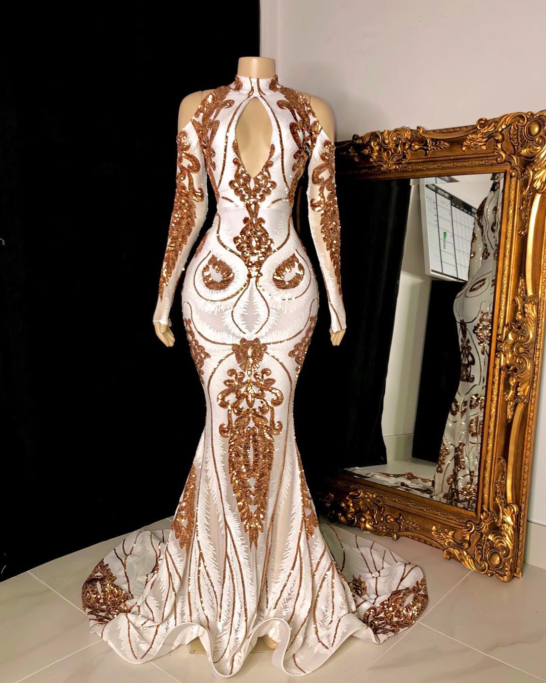 Mermaid V Neck Keyhole Sequins Long Prom Dresses with Slit VK24021801