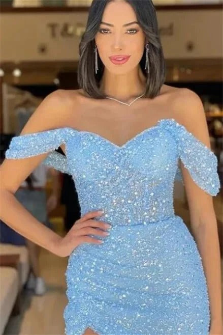 Gorgeous Long Mermaid Off-the-shoulder Sequined Formal Prom Dresses With Slit-BIZTUNNEL
