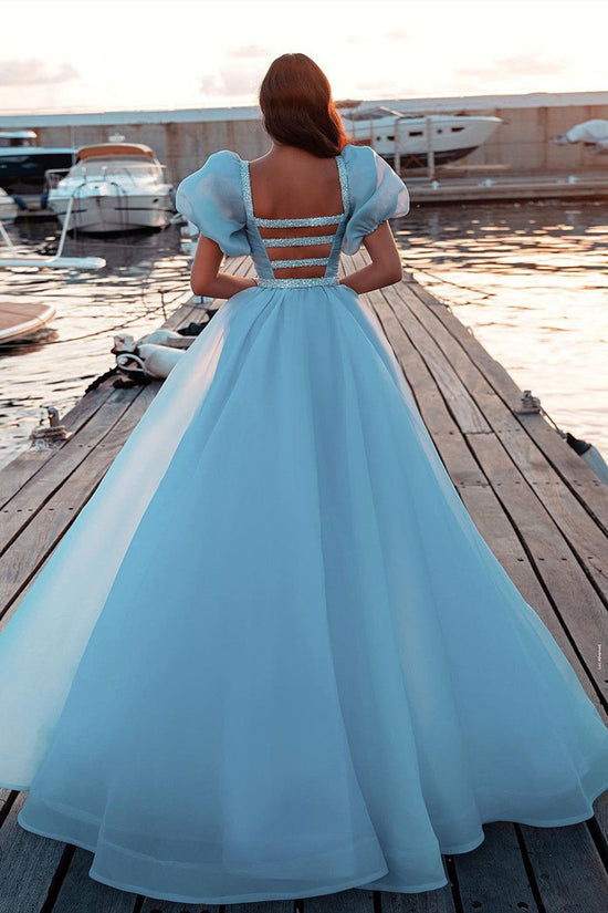 Gorgeous Long Mermaid Puffy Sleeves Sequins Prom Dress With Detachable Tulle Train-BIZTUNNEL