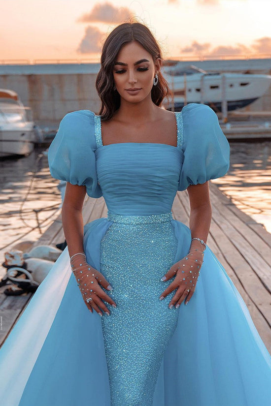 Gorgeous Long Mermaid Puffy Sleeves Sequins Prom Dress With Detachable Tulle Train-BIZTUNNEL