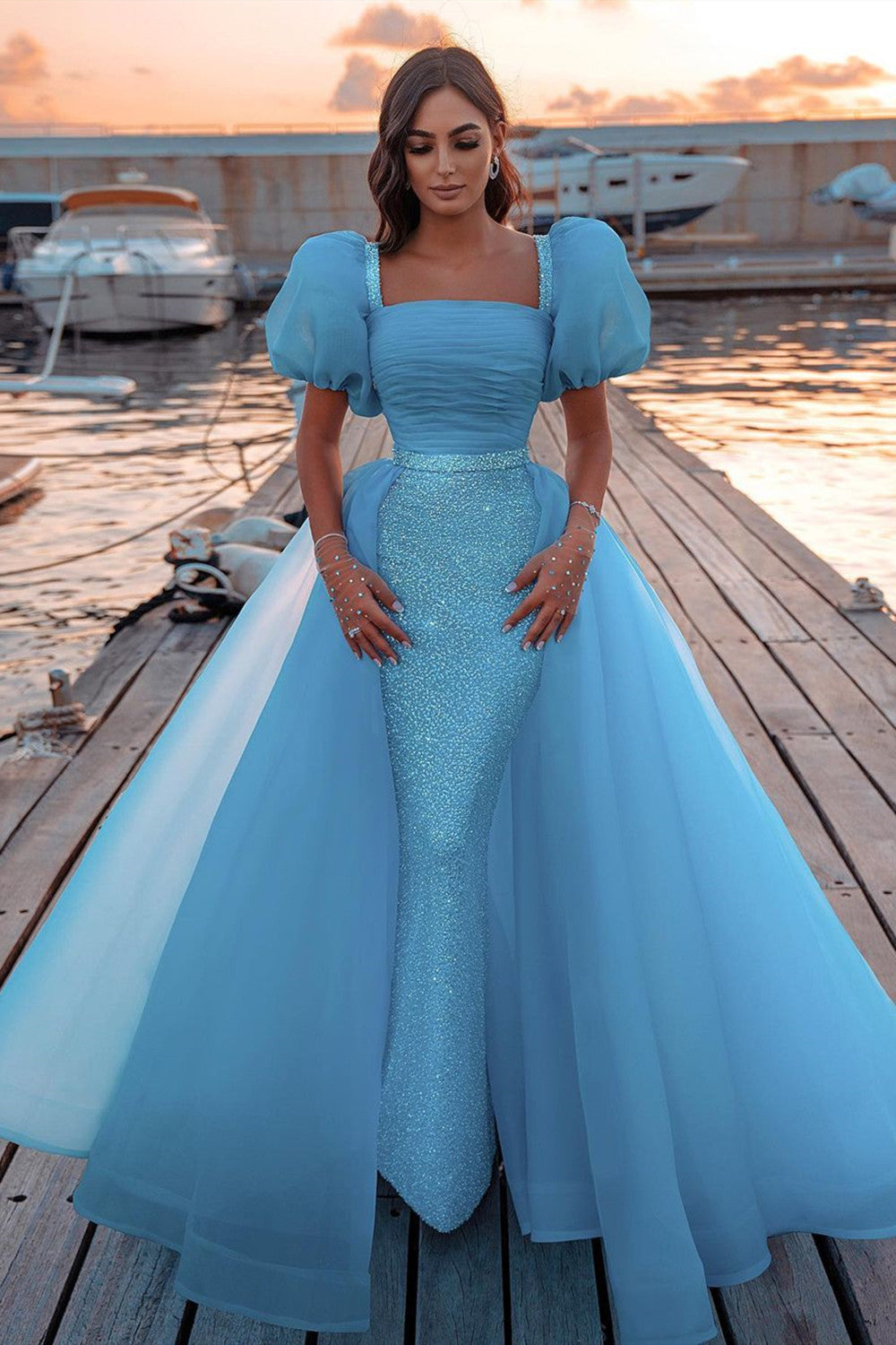 Sexy Long One Shoulder Sequins Mermaid Prom Dress With Puffy Sleeves main image 1