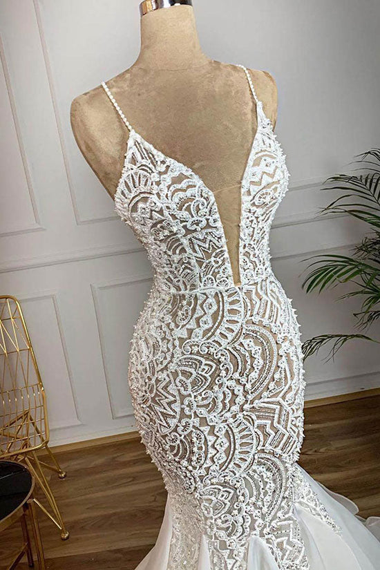 Gorgeous Long Mermaid Sweetheart Beaded Lace Organza Wedding Dress-BIZTUNNEL