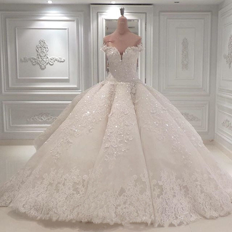 Gorgeous Long Off The Shoulder Beadings Ball Gown Wedding Dress-BIZTUNNEL