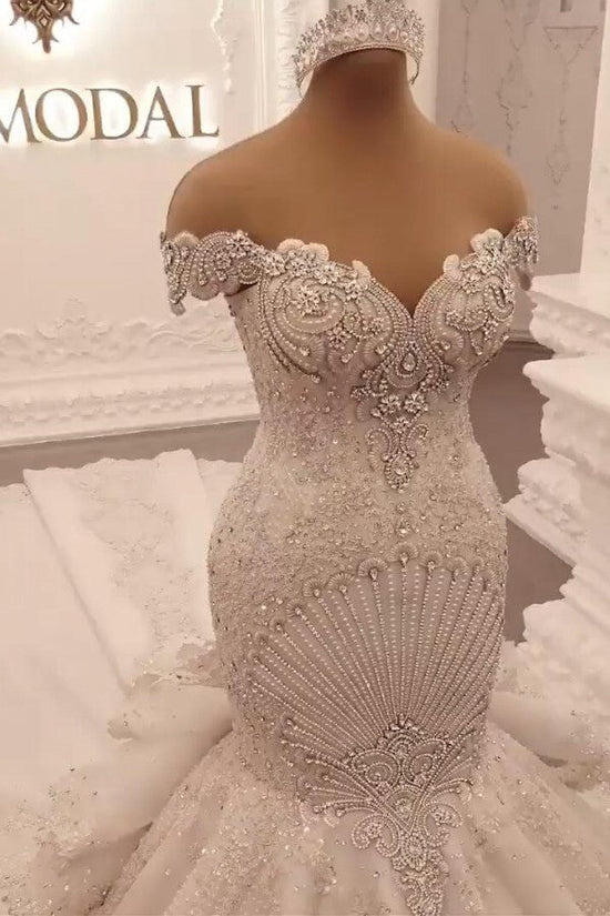 Gorgeous Long Off the Shoulder Crystal Backless Mermaid Wedding Dresses-BIZTUNNEL