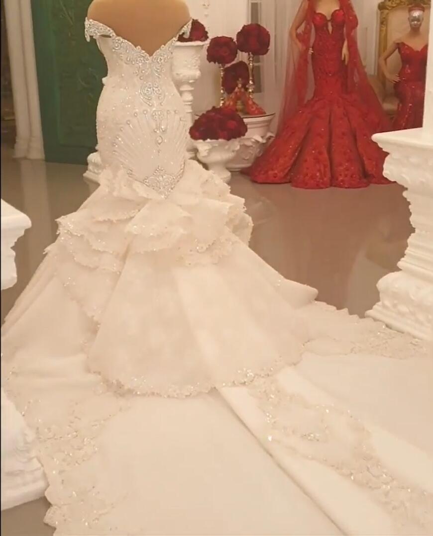 Princess Crystal Mermaid Off the Shoulder Wedding Dress Luxury Lace Vintage Bridal Gown main image 1