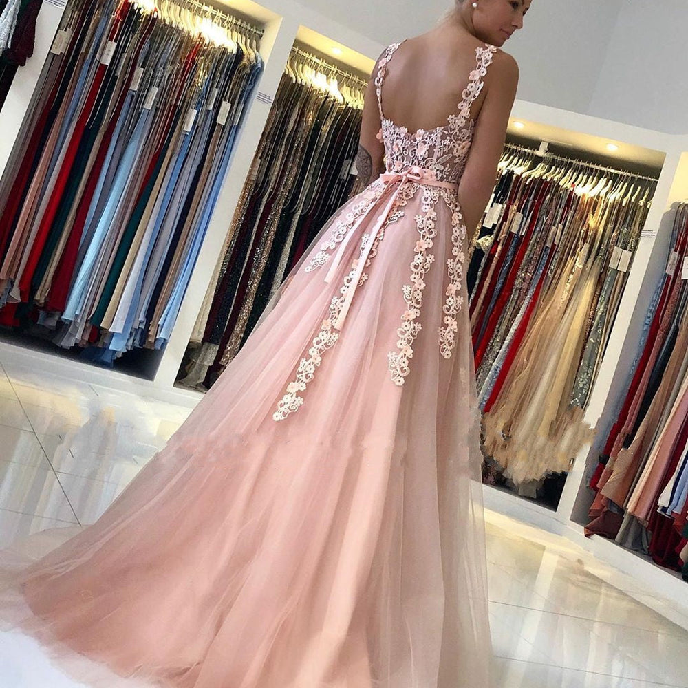 
                  
                    Gorgeous Long Open Back Tulle Lace A-line Prom Dress-BIZTUNNEL
                  
                