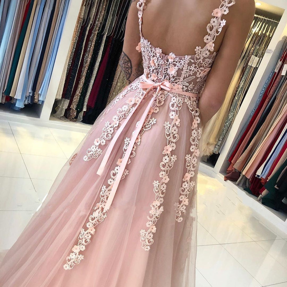 
                  
                    Gorgeous Long Open Back Tulle Lace A-line Prom Dress-BIZTUNNEL
                  
                