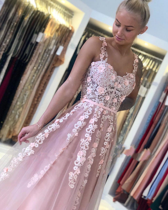 Gorgeous Long Open Back Tulle Lace A-line Prom Dress-BIZTUNNEL