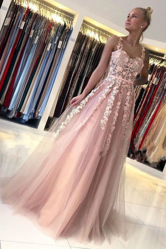 Carregar imagem no visualizador da galeria, Gorgeous Long Open Back Tulle Lace A-line Prom Dress-BIZTUNNEL
