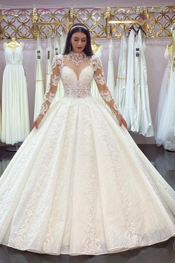 Load image into Gallery viewer, Gorgeous Long Princess High-neck Lace Appliques Wedding Dress with Sleeves-BIZTUNNEL
