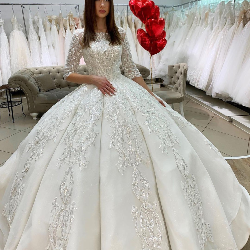 Gorgeous Long Princess Satin Bateau Appliques Lace Wedding Dress with Sleeves Gorgeous Long Princess Satin Bateau Appliques Lace Wedding Dress with Sleeves