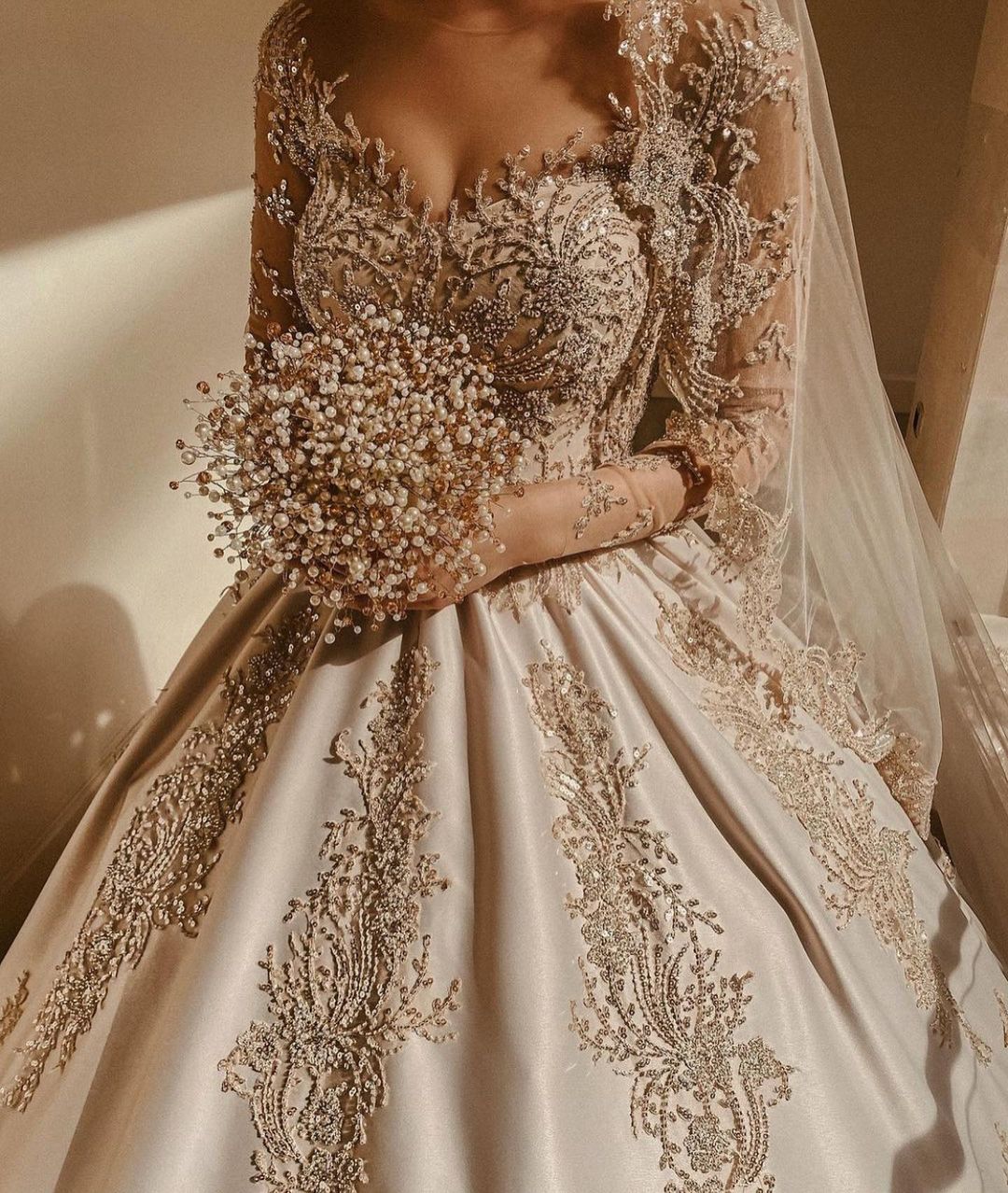Gorgeous Long Princess Sweetheart Beading Pearl Satin Wedding Dress with Sleeves Gorgeous Long Princess Sweetheart Beading Pearl Satin Wedding Dress with Sleeves