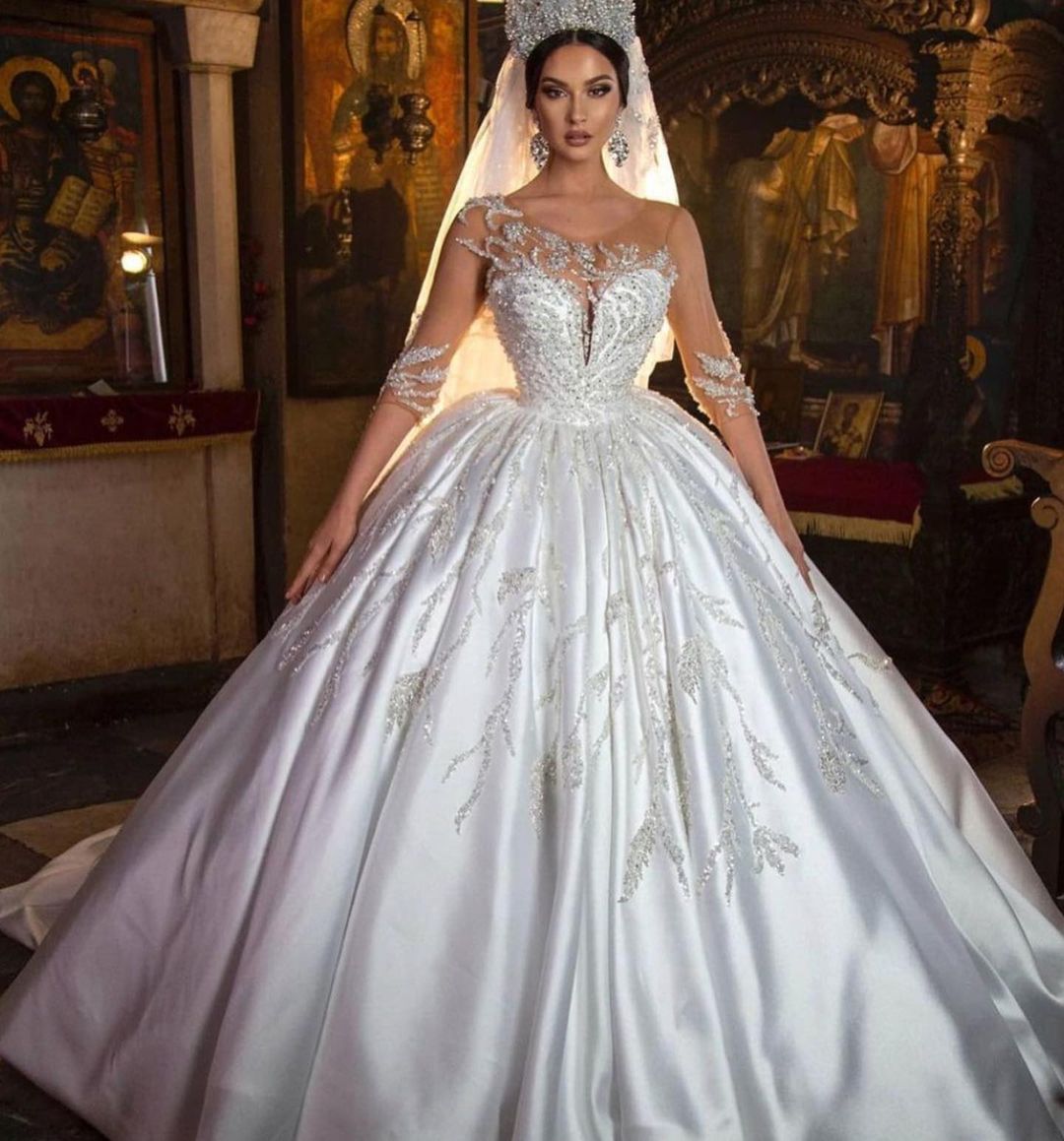 Load image into Gallery viewer, Gorgeous Long Princess Sweetheart Satin Wedding Dress with Sleeves-BIZTUNNEL
