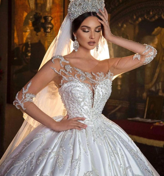 Charger l&amp;#39;image dans la galerie, Gorgeous Long Princess Sweetheart Satin Wedding Dress with Sleeves-BIZTUNNEL
