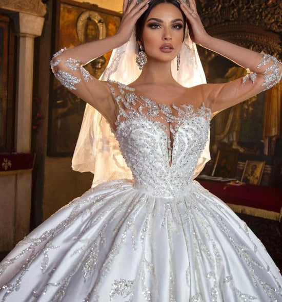 Charger l&amp;#39;image dans la galerie, Gorgeous Long Princess Sweetheart Satin Wedding Dress with Sleeves-BIZTUNNEL
