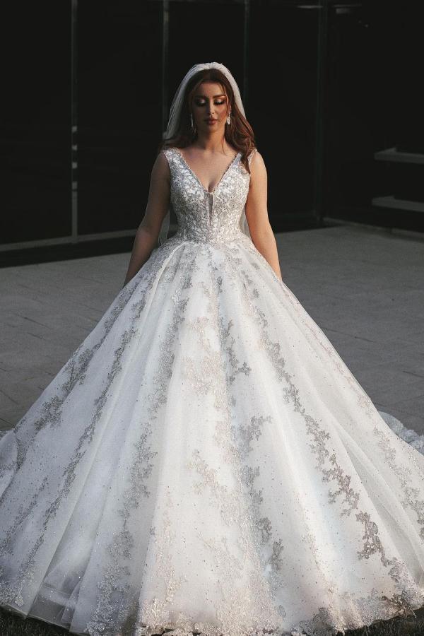Gorgeous Long Princess V-neck Tulle Lace Appliques Wedding Dress-BIZTUNNEL