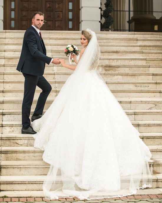 Princess Bateau Long Sleeve Court Tulle Wedding Dress, Lace main image 1