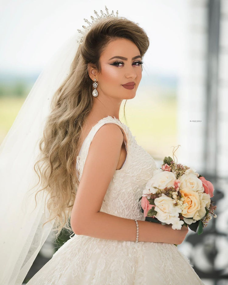 Lace Top Wedding Dress Princess High Neck Wedding Dress with Tulle Skirt