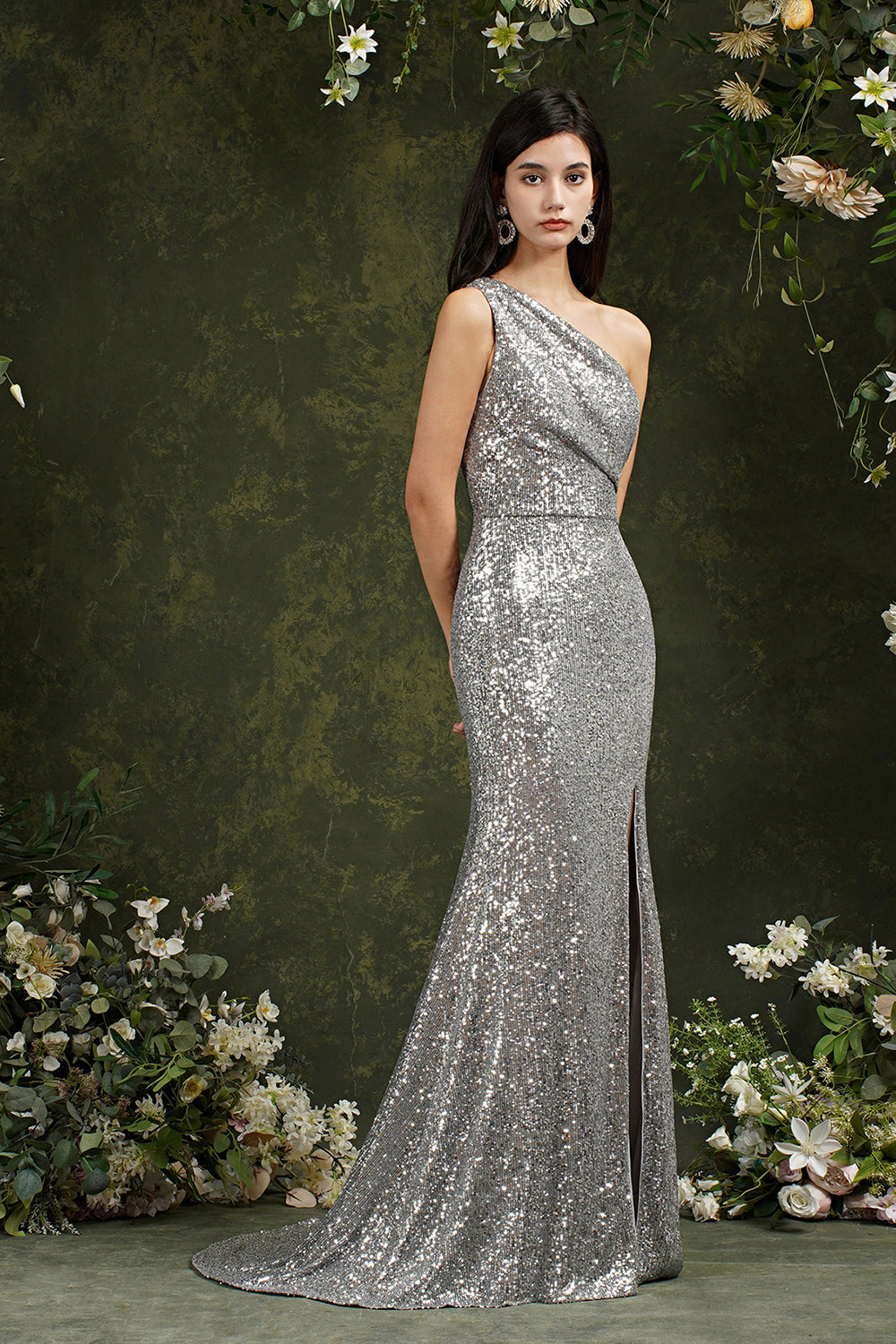 Gorgeous Long Sequins One Shoulder Mermaid Bridesmaid Dress With Slit-BIZTUNNEL