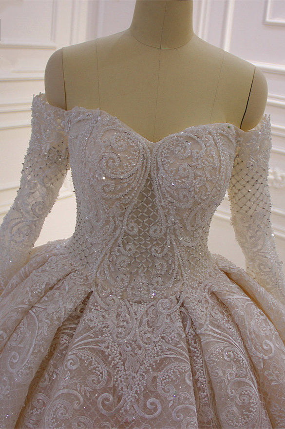 Gorgeous Long Sleeve Off the Shoulder Appliques Lace Ball Gown Wedding Dress-BIZTUNNEL