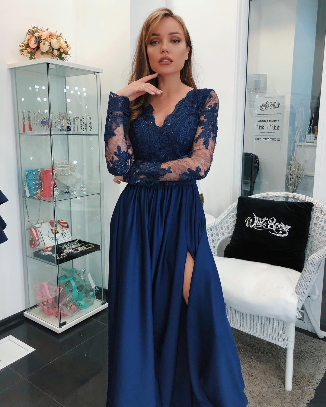 Gorgeous Long Sleeves A-Line Chiffon Blue Prom Dresses with Slit-BIZTUNNEL