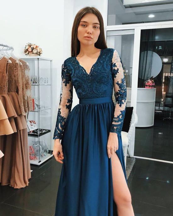 Gorgeous Long Sleeves A-Line Chiffon Blue Prom Dresses with Slit-BIZTUNNEL